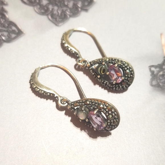 Vintage designer signed SLC 925 Sterling Amethyst Abalone Earrings - Picture 2 of 5